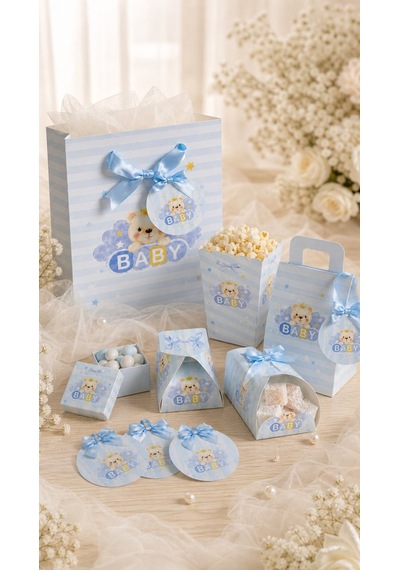 Mavi Ayıcıklı Hoşgeldin Bebeğim Hediyelik Seti, Baby Shower Ve Doğum Günü İkram Seti,7 Ürün-48 Parça 0 - 20 Ay