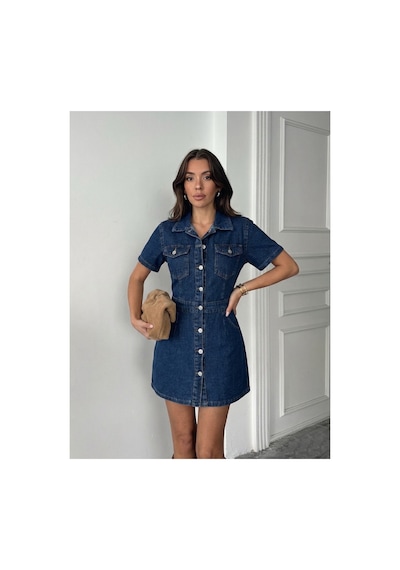 Bluemarlin Lacivert Ön Arka Pileli Düğme Kapamalı Kot/denim Elbise Lacivert
