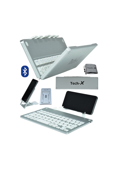 TECH-X Katlanabilir Win/Apple Uyumlu iOS/Android Bluetooth Klavye Telefon Tutucu + Özel Kılıf
