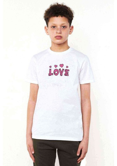 Tshirthane Love Pembe Yazı Baskılı Unisex Çocuk Beyaz T-Shirt