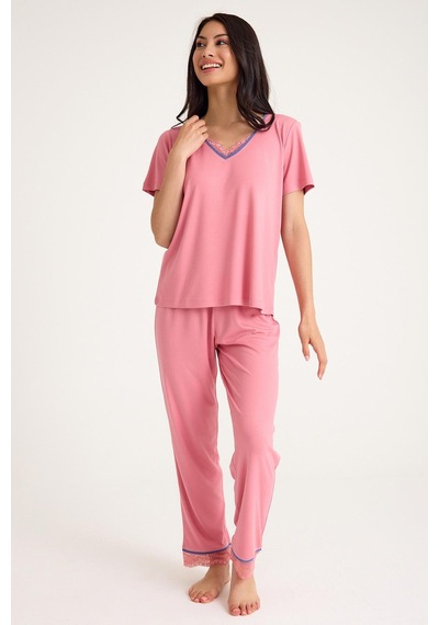 Amarelle Dream Pembe Viskon V Yaka Dantel Detaylı Pijama Takımı Pembe