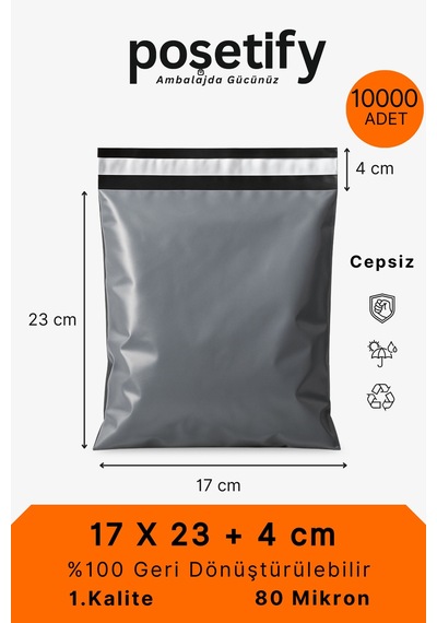 Gri Cepsiz Kargo Poşeti 17x23+4 Cm Yapışkan Bantlı Kargo Zarfı 10000 Li E-ticaret Poşeti