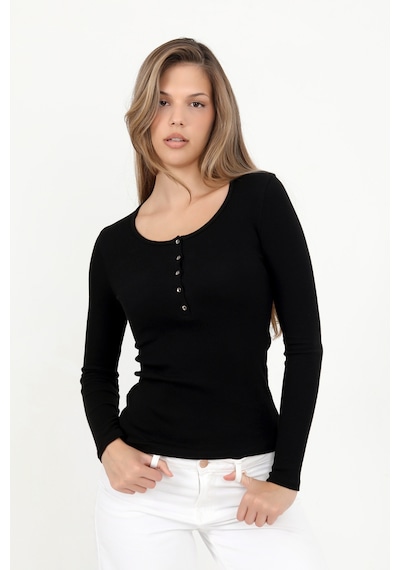 Hdm Kadın Siyah Uzun Kollu Fitilli Patlı Düğmeli Basic Örme Bluz - H6162