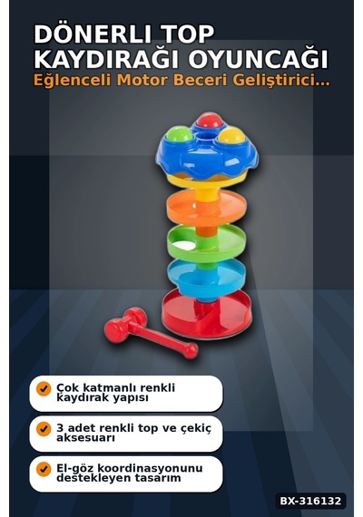 Dönerli Top Kaydırağı Oyunu 3 Toplu Potalı Kule, 24+ Ay Bebek Gelişim Oyuncağı Bx-316132