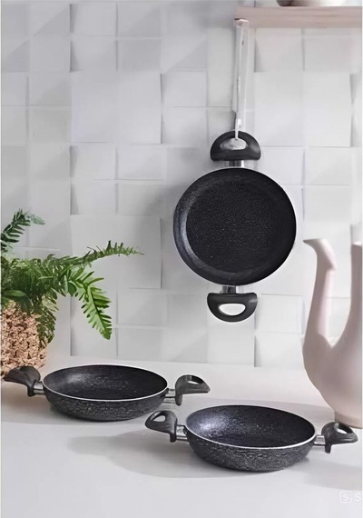 Dayanıklı Siyah Granit 3 Lü Tava Seti 20-22-24 Cm Isıya Dayanıklı, Şık Tasarım Siyah