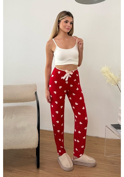 Giysa Kadın Beli Lastikli Kalp Desenli Pijama Altı Kırmızı - 26y 4522
