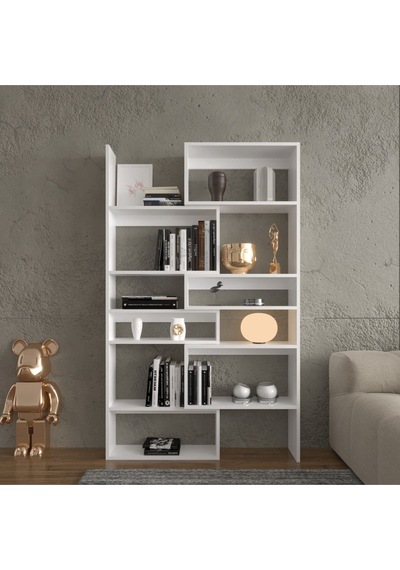 Avole Flat Çok Raflı Geniş Kitaplık Traverten Desenli Traverten