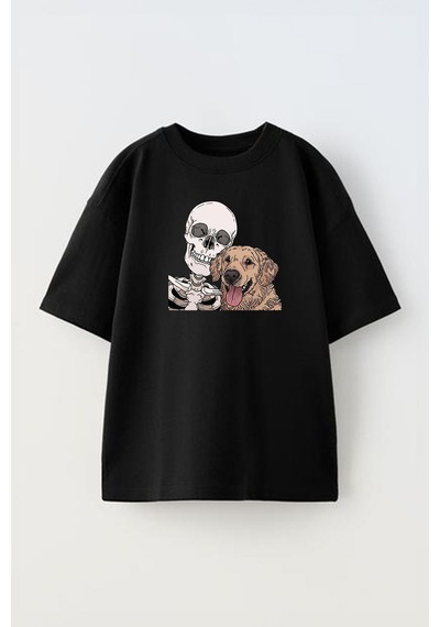 Thewert Unisex Kopekle Selfie Tasarım Baskılı Pamuk Sıyah Oversize T-shirt Siyah