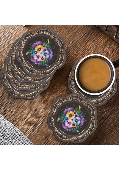 Valerine Life Sarı Mavi Mor Menekşeli Yıkanabilir Kaydırmaz Ofis Çay Ve Fincan Bardak Altlığı 10x10cm 6 Adet Siyah