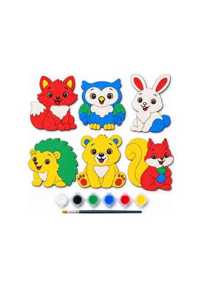 6 Lı Hayvan Figürlü Mdf Boyama Seti 17 Cm Sulu Boya Ve Fırça