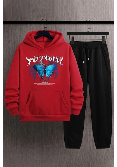 Uyguntarz Unisex Blue Butterfly Baskılı Eşofman Takımı Kırmızı