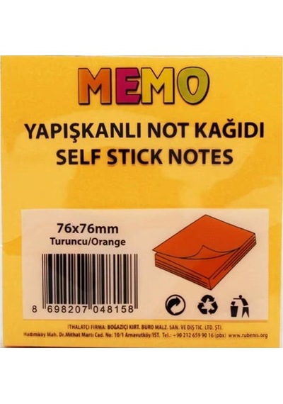Memo Yapışkanlı Not Kağıdı 76x76mm Turuncu - 3 Adet
