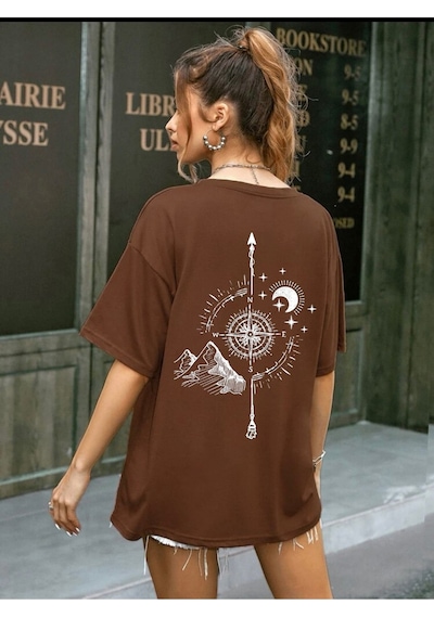 Pusula Baskılı Oversize Unisex Tişört Kahve