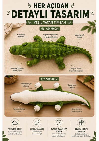 80 Cm Peluş Timsah Yumuşak Oyuncak Uyku Arkadaşı Sevimli Peluş Timsah Yeşil
