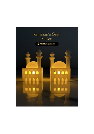 Ramazan Cami Figürlü Biblo İkili Set Işıklı Pilli Mumluk Ev Aksesuarı Beyaz