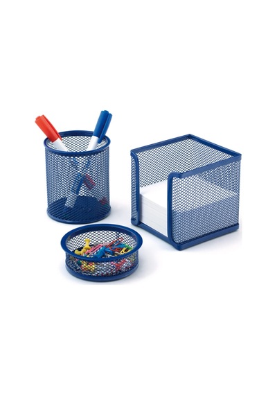 Mavi Perfore A Üstü Metal Üçlü Set Kalemlik Ataşlık Küp Blok Desk Organizer