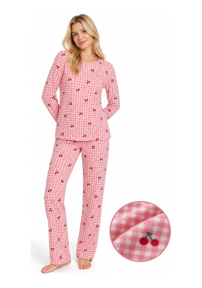 Sleeeproom Kadın Süet Mevsimlik Ekose Desen Pembe Pijama Takımı Pembe - Beyaz