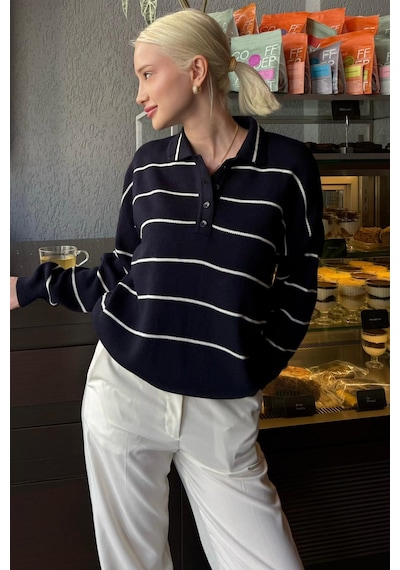 Madmext Lacivert Çizgili Polo Yaka Kadın Triko Kazak Mg2470 Lacivert
