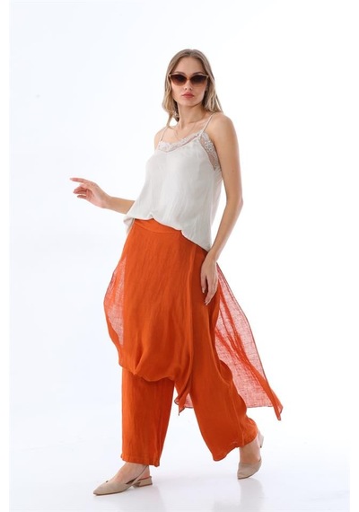 Bohem Stil İtalyan Ham Keten Pantolon Etek-8747 Kiremit