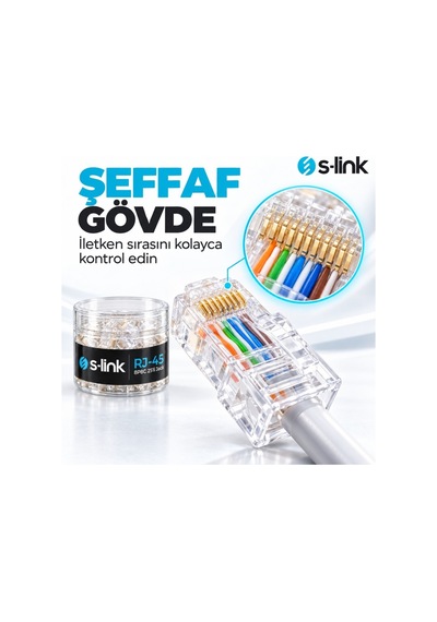 S-link Slx-990 Cat5 Rj45 Konnektör 25'li Paket, 8p8c Ethernet Ağ Kablosu Ucu, Şeffaf Modüler Jack, Krimp Pense İle Takılabilir Network Fişi