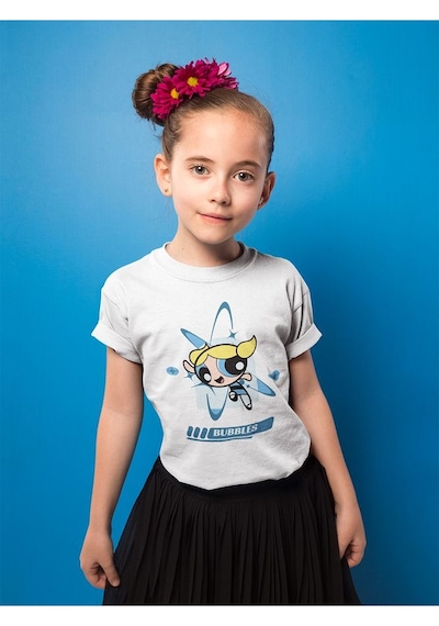 Sevbano Power Puff Girls Bubbles Baskılı Unisex Çizgi Film Çocuk Tişört Beyaz