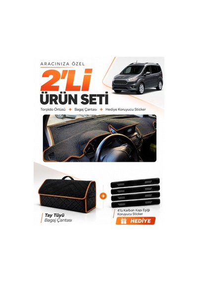 E-biz Ford Courier 2020-2023 Ekranlı Uyumlu Torpido + Tay Tüyü Çanta - Siyah-kahverengi - Fo005