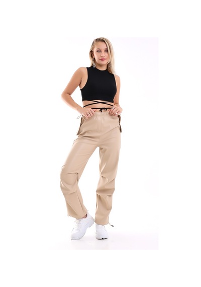 Winmoda34 Kadın Paçası Ayarlanabilir Cebi Kapaklı Yüksek Bel Deri Pantolon Krem