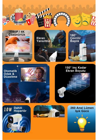Projeksiyon Cihazı 200 Lümen 2 Kol li 4k 1080p Hd Projektor 3d Oyun Keyfi Android
