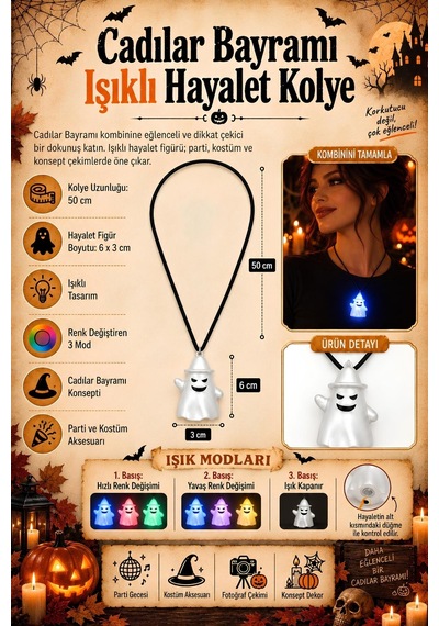 Cadılar Bayramı Işıklı Hayalet Kolye Renk Değiştiren 3 Modlu Halloween Kostüm Aksesuarı Tüm Yaşlar