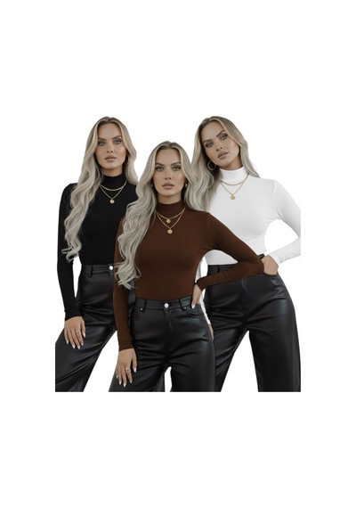 Hashtag Kadın Balıkçı Yaka Uzun Kollu Body 3'lü Set Viskon Kumaş Siyah Kahverengi Beyaz