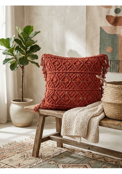 Toprak Tonlarında Yan Püsküllü Dekoratif Kılıf -makrome Kırlent Kılıfı 45x45 Cm Diğer
