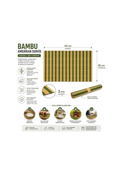 Lexroo Bambu Amerikan Servis Sofra Altlığı 43 X 30 Cm 2 Mm Kalınlık Rulo - Tekli, Karışık Renk Çok Renkli