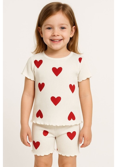 Fuar Baby %100 Pamuk Kaşkorse Kız Çocuk Şortlu Takım Yazlık 2-6 Yaş Kalp Desenli