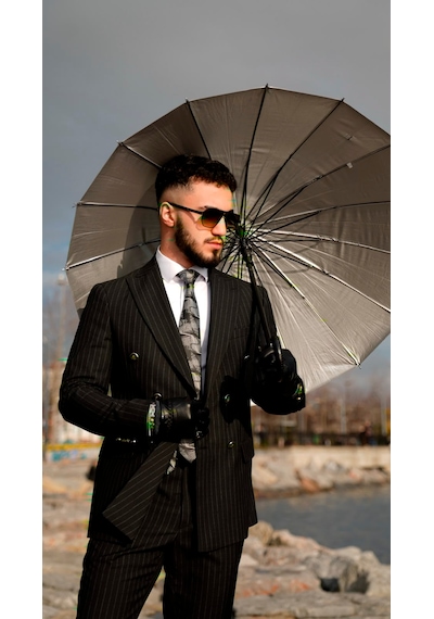 Dupont Classics Dupont Erkek Slim Fit 6 Drop Çizgili Kruvaze Viskon Çift Yırtmaç Takım Elbise Siyah