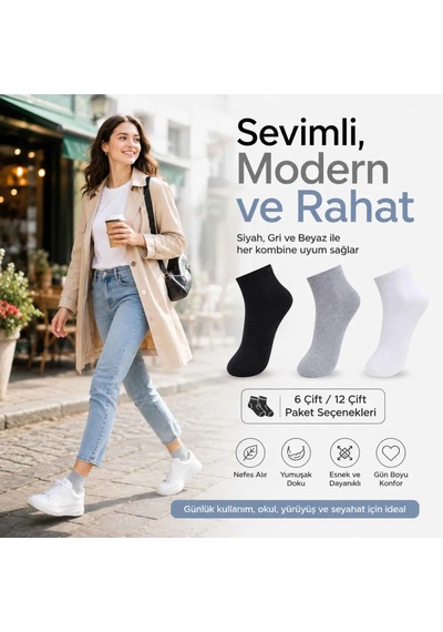 Çorap Giyim Kadın Kısa Konç Çorap 6 Lı Paket, %80 Pamuklu, Dikişsiz Burun, Nefes Alan Yumuşak Bilek Çorabı, Siyah Gri Beyaz Çok Renkli
