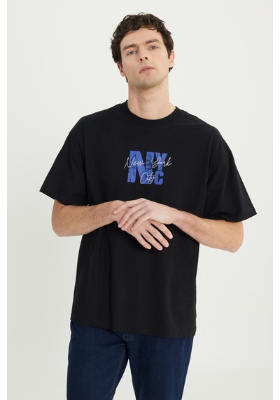 AC&Co / Altınyıldız Classics Erkek Sıyah Lacı Oversize %100 Pamuk Geniş Kesim Baskılı Bisiklet Yaka Tişört Sıyah Lacı