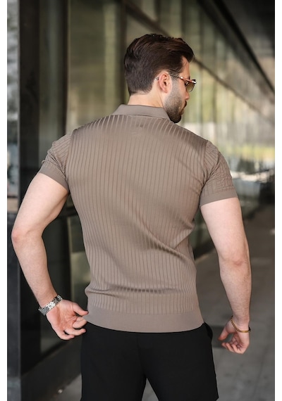 Madmext Açık Kahverengi Slim Fit Polo Yaka Triko Erkek Tişört E7472