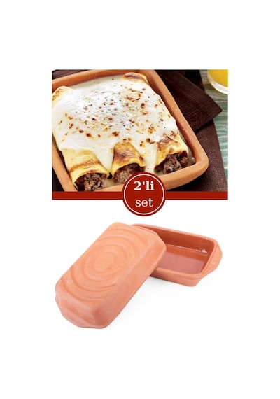 Elizi Çömlekleri 2 Li Dikdörtgen Sırlı Fırın Tepsisi, Toprak Güveç Fırın Kabı Seti Sırlı 25x15cm Toprak