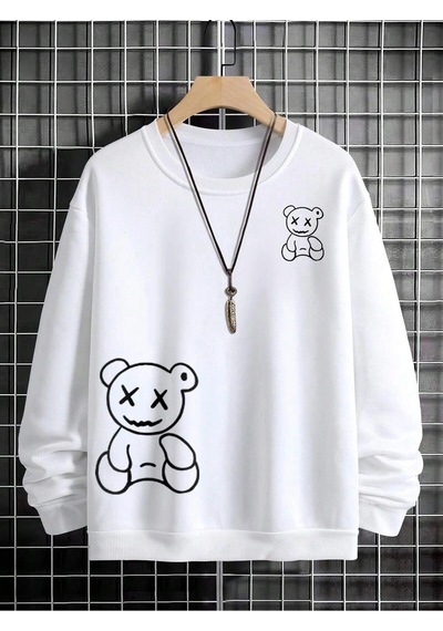 Adrift Manfinity Hypemode Bear Print Drop Shoulder Sweatshirt Beyaz Beyaz