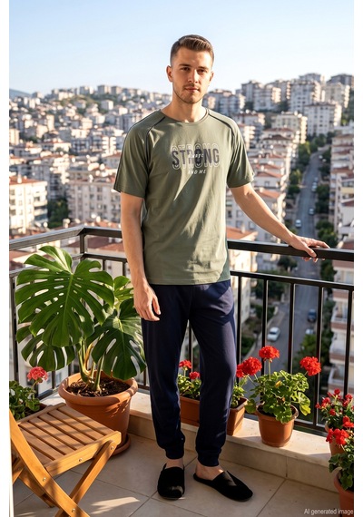 Remsa Erkek Önü Yazılı Kısa Kol Penye Pijama Takımı 2395 Yeşil