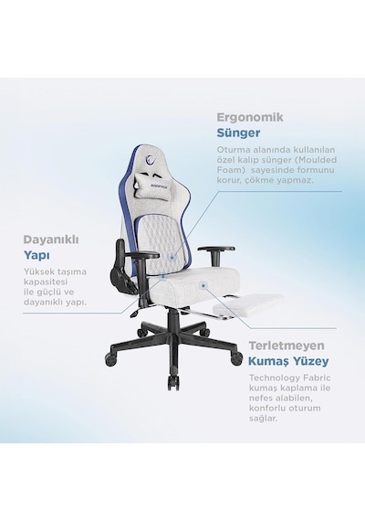 Mc-8663b Typhoon Oyuncu Koltuğu Gri Mavi, Terletmez Kumaş, Yatabilen Sırt, Yükseklik Ayarlı Kol Diğer