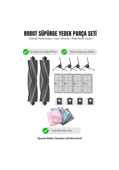 Dreame L40 Ultra Gen2 İle Uyumlu 2 Ana Fırça 4 Yan Fırça 4 Filtre 4 Toz Torbası 1 Temizlik Bezi 16.0