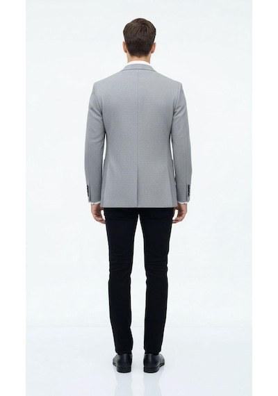 Plus Scorpion Açık Gri Kırçıllı Erkek Blazer Ceket Torba Cepli, Çift Yırtmaçlı, Dokulu Premium Kumaş Slim Fit Gri