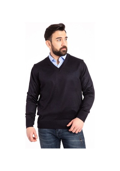 Erkek İnce Yün Triko Örgü Regular Baba V Yaka Kazak 5130 - S Füme