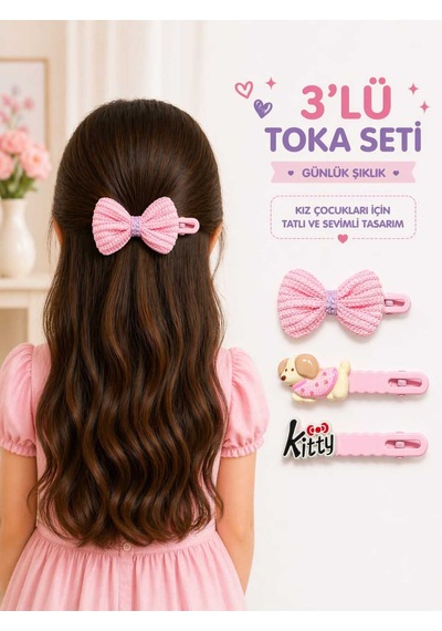 3 Lü Kız Çocuk Saç Tokası Fiyonk Ve Figürlü Mandal Toka Seti Pembe