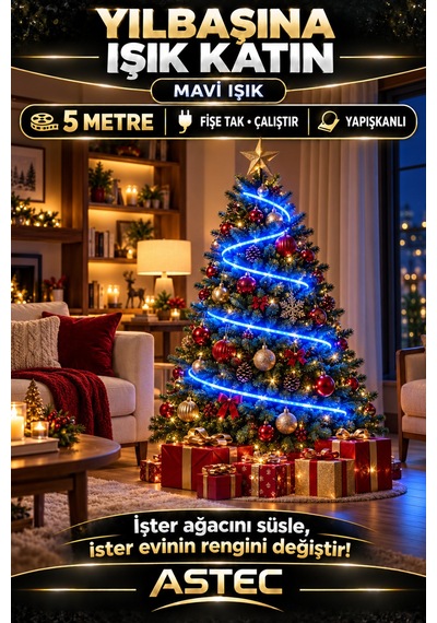 Astec Tak Çalıştır 5 Metre Yapışkanlı Mavi Şerit Led Yılbaşı Ağacı Süsü Ve Dekoratif Ev Aydınlatması Fişe 220v