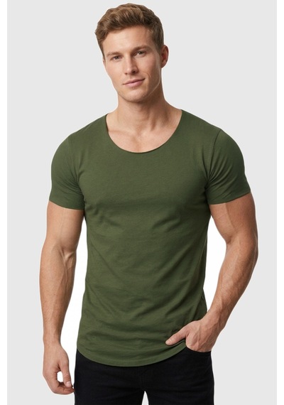 Deepsea Erkek Haki Geniş Yaka Likralı Tişört Oval Yaka Slim Fit Eteği Oval Açık Yaka T-shirt 1801199 Haki