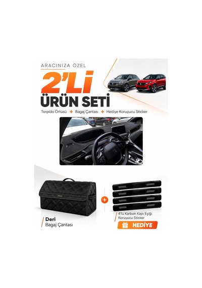 Peugeot 3008 2016-2023 Uyumlu Torpido Örtüsü + Deri Bagaj Çantası + Sticker Seti - Siyah