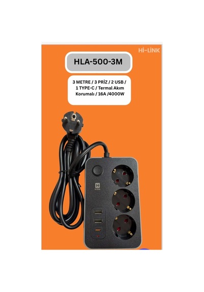 Hi-link 3 Soketli 1xtypec+2xusb Girişli 3 Metre Kablolu Termal Akım Korumalı Priz 0.35 M