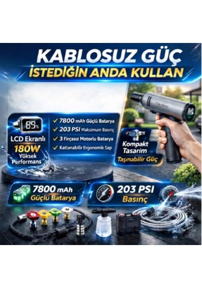 Kablosuz Basınçlı Yıkama Makinesi 203 Psı 7800 Mah Bataryalı, 180w Motor, Lcd Ekranlı, 5 Modlu Ayarlanabilir Nozul, Taşınabilir Araç Yıkama Tabancası Köpük Tanklı